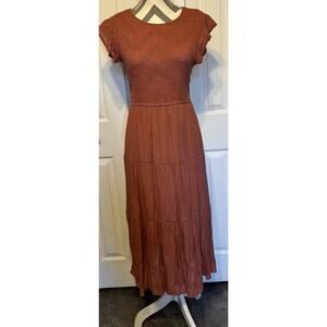 Coral Medium Flutter Sleeve Smocked Midi Dress Womens Casual Tiered Gauze